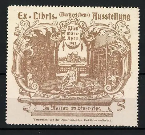 Reklamemarke Wien, Ex Libris Ausstellung 1913, Bibliotheksszene