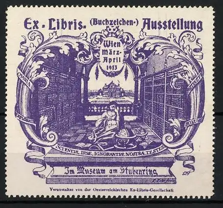 Reklamemarke Wien, Ex Libris Ausstellung 1913, Bibliotheksszene im Museum am Stubenring