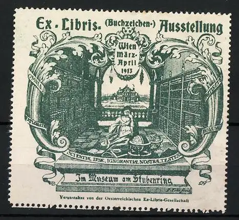 Reklamemarke Wien, Ex Libris Ausstellung 1913, Bibliothekssaal und Gebäude