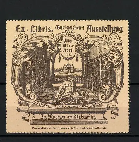 Reklamemarke Wien, Ex Libris Ausstellung 1913, Bibliotheksszene