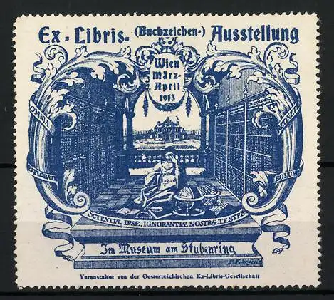 Reklamemarke Wien, Ex Libris Ausstellung 1913, Bibliotheksszene im Museum am Stubenring