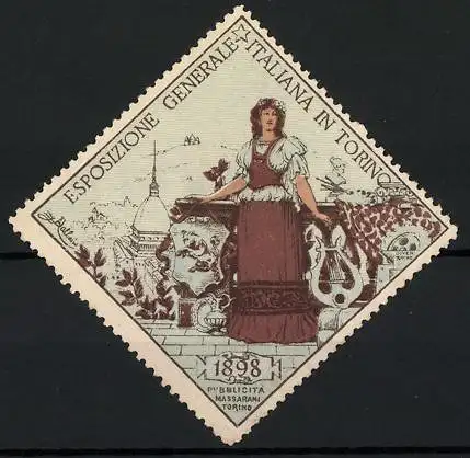 Reklamemarke Turin, Esposizione Generale Italiana 1898, Frau mit Wappen und Lyra