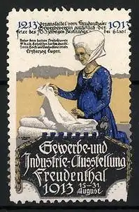 Reklamemarke Freudenthal, Gewerbe- und Industrie-Ausstellung 1913, Frau mit Wäsche