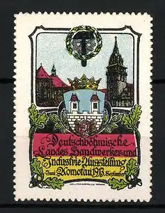 Reklamemarke Komotau, Deutsche Landes-Handwerker- und Industrie-Ausstellung, Stadtwappen und Kirche