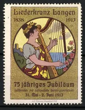 Reklamemarke Langen, Liederkranz 1838-1913, Harfe und Blumen, 75-jähriges Jubiläum