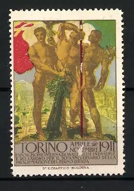 Reklamemarke Torino, Esposizione Internazionale 1911, drei nackte Männer mit Fahne