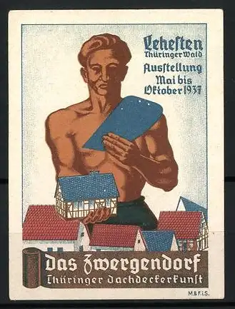 Reklamemarke Lehesten, Ausstellung Mai-Oktober 1937, das Zwergendorf, Thüringer Dachdecker-Kunst, Mann mit Schiefer
