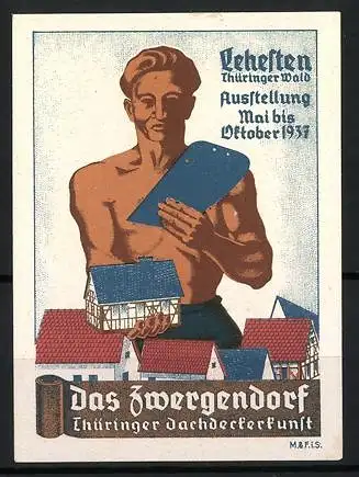 Reklamemarke Lehnsten, Das Zwergendorf, Dachdecker mit Miniaturhäusern, Ausstellung 1937