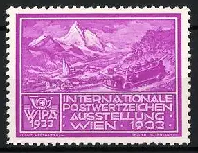 Reklamemarke Wien, Internationale Postwertzeichen Ausstellung 1933, Landschaft mit Alpen und Auto