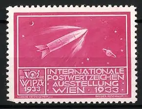 Reklamemarke Wien, Internationale Postwertzeichen Ausstellung 1933, Rakete im Weltraum