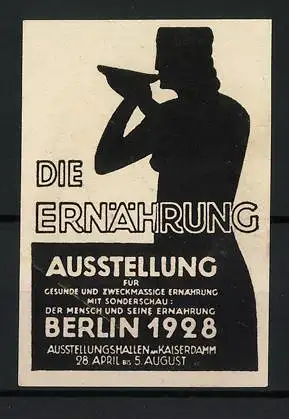 Reklamemarke Berlin, Die Ernährung, Silhouette einer Frau mit Schale, 1928