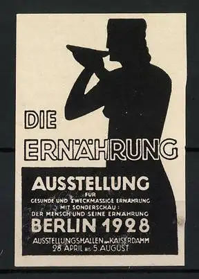 Reklamemarke Berlin, Die Ernährung, Silhouette trinkende Person, 1928