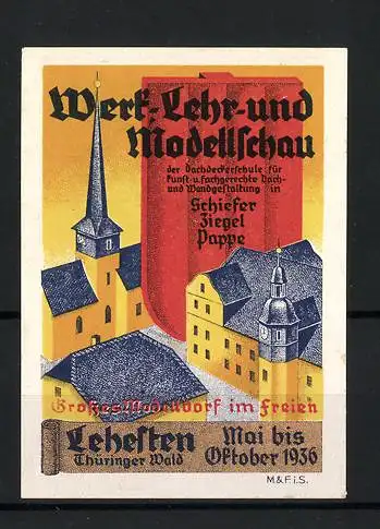Reklamemarke Lehesten, Werk-Lehr-und Modellschau, Kirche und Gebäude, 1936