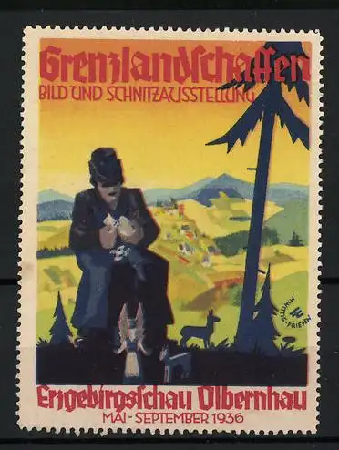 Reklamemarke Olbernhau, Grenzlandschaften Bild- und Schnitzausstellung, Schnitzer 1936