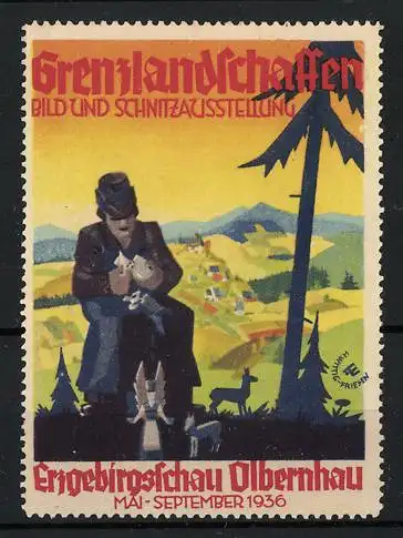 Reklamemarke Erzgebirgsschau Olbernhau, Grenzlandschaften Bild- und Schnitzausstellung 1936, Landschaft und Figur