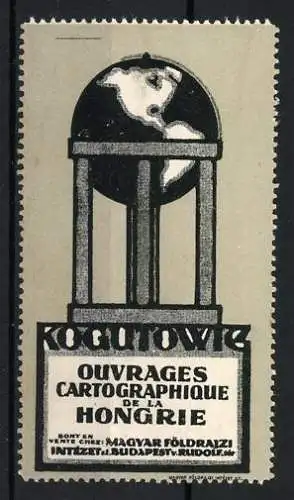 Reklamemarke Budapest, Ouvrages Cartographiques de la Hongrie, Globus auf Säulen