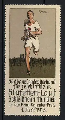 Reklamemarke Schleissheim-München, Stafetten-Lauf, Läufer, 1. Juni 1913