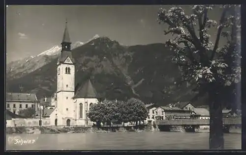 AK Schwaz, Kirche mit Uferpartie