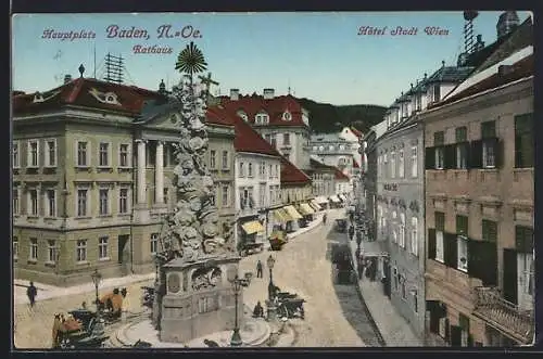 AK Baden /N.-Oe., Hotel Stadt Wien und Rathaus am Hauptplatz