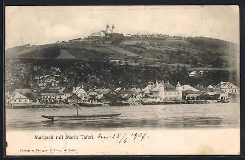 AK Marbach, Ortsansicht mit Maria Taferl und Flusspartie