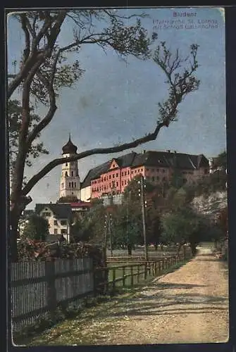 AK Bludenz, Pfarrkirche St. Lorenz mit Schloss Gaienhofen