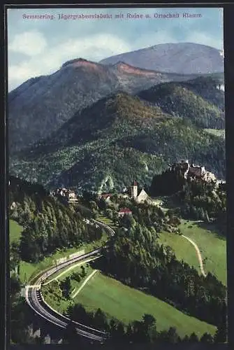 AK Klamm am Semmering, Blick aus der Vogelschau auf das Jägergrabenviadukt mit Ruine und Klamm