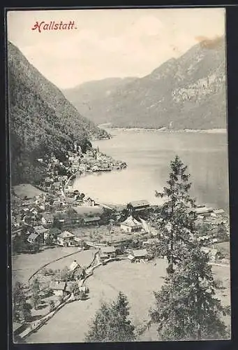 AK Hallstatt, Ortsansicht mit See und Bergen