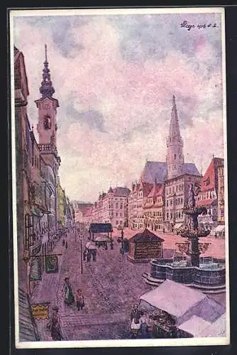 Künstler-AK Steyr /O.-Ö., Stadtplatz mit Kirche und Brunnen