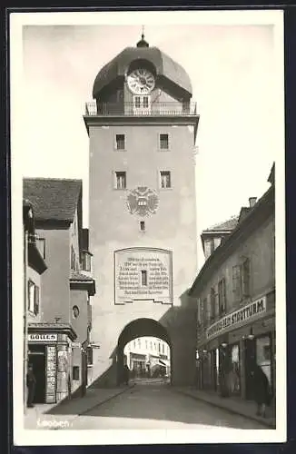 AK Leoben, Partie zum Stadtturm mit Geschäften