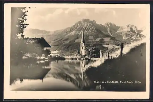 AK Ellmau /Tirol, Uferpartie mit Blick auf den Kirchturm