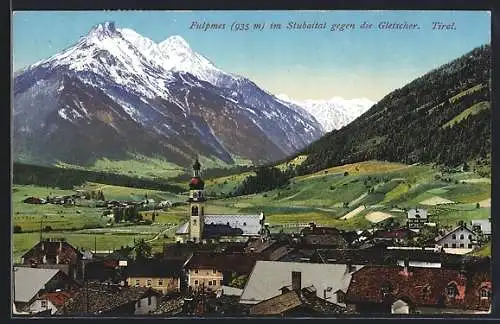 AK Fulpmes, Panorama mit Ort und Gletscher