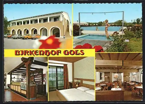 AK Gols, Gasthaus Kirkenhof, Aussenansicht und Gäste im Freibad, Bes. H. u. H. Beck