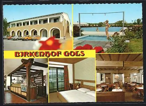 AK Gols, Gasthaus Kirkenhof, Aussenansicht und Gäste im Freibad, Bes. H. u. H. Beck