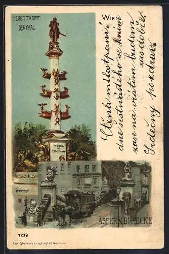 Lithographie Wien, Tegetthoff-Monument und Aspernbrücke