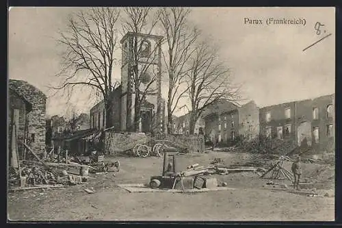 AK Parux, Marktplatz in Trümmern