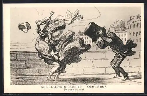 AK Croquis d`hiver, Un Coup de vent, Hut einer Frau weht im Wind davon, Karikatur