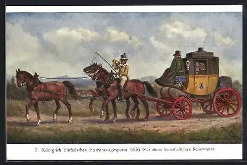 Künstler-AK Postkutsche, Königlich Sächsisches Extrapostgespann 1836