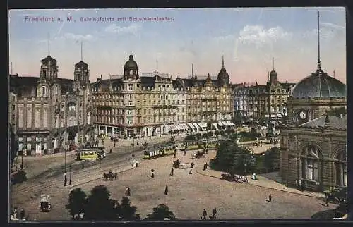 AK Frankfurt, Bahnhofsplatz mit Strassenbahnen und Schumanntheater