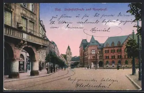 AK Metz, Bahnhofstrasse und Hauptpost