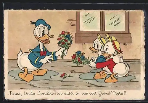 AK Donald Duck bekommt von seinen Neffen Blumen geschenkt