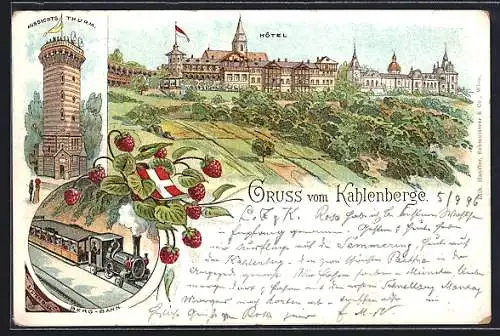 Lithographie Kahlenberg, Hotel, Aussichtsturm und Bergbahn