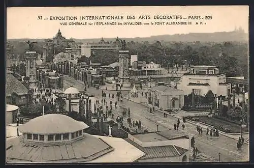 AK Paris, Exposition Internationale des Arts Décoratifs 1925, Vue Générale sur l`Esplanade des Invalides