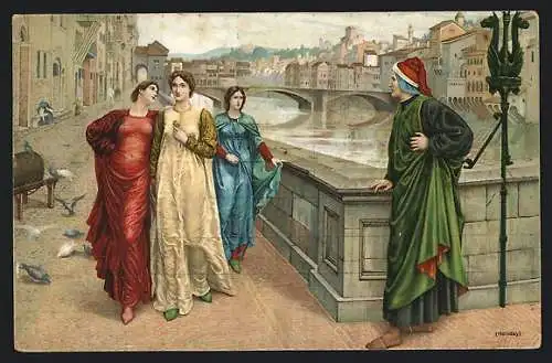 Künstler-AK Dante und Beatrice, Begegnung auf der Uferpromenade