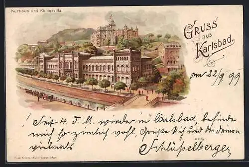 Lithographie Karlsbad, Blick auf Kurhaus und Königsvilla