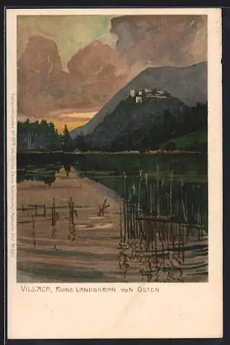 Lithographie Villach, Ruine Landskron von Osten