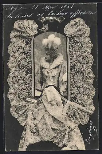 AK Les Dentelles, Point de Bruxelles, Spitzenklöppelei u. eine Frau mit Perücke u. aufgemaltem Punkt auf der Wange