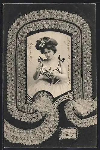 AK Le Puy, Les Dentelles, geklöppelte Spitze und Frauenportrait