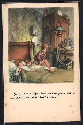 Künstler-AK Francisque Poulbot: Je voudrais deja etre soldat pour avoir un lit pour moi tout seul, Kinder im Bett