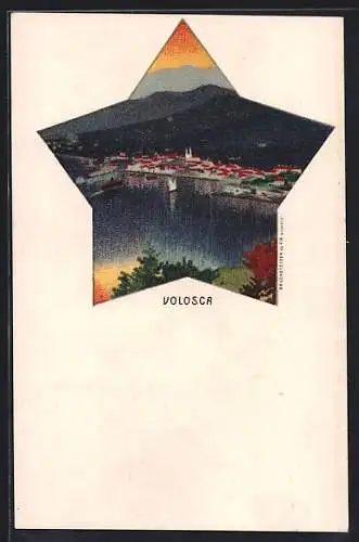 Künstler-AK Volosca, Abendliches Panorama im Sternen-Passepartout