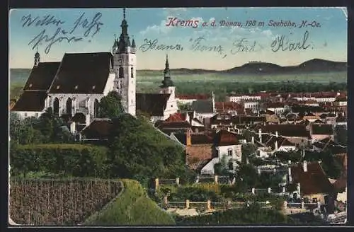 AK Krems a. d. Donau, Teilansicht mit Kirche aus der Vogelschau